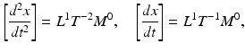 
$$ \left[\frac{d^2x}{d{t}^2}\right]={L}^1{T}^{-2}{M}^0,\kern1em \left[\frac{dx}{dt}\right]={L}^1{T}^{-1}{M}^0, $$
