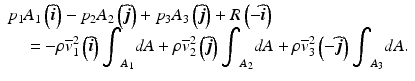 
$$ \begin{array}{l}{p}_1{A}_1\left(\widehat{\boldsymbol{i}}\right)-{p}_2{A}_2\left(\widehat{\boldsymbol{j}}\right)+{p}_3{A}_3\left(\widehat{\boldsymbol{j}}\right)+R\left(-\widehat{\boldsymbol{i}}\right)\\ {}\kern1em =-\rho {\overline{v}}_1^2\left(\widehat{\boldsymbol{i}}\right){\displaystyle {\int}_{A_1}dA}+\rho {\overline{v}}_2^2\left(\widehat{\boldsymbol{j}}\right){\displaystyle {\int}_{A_2}dA}+\rho {\overline{v}}_3^2\left(-\widehat{\boldsymbol{j}}\right){\displaystyle {\int}_{A_3}dA}.\end{array} $$
