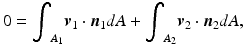 
$$ 0={\displaystyle {\int}_{A_1}{\boldsymbol{v}}_1\cdot {\boldsymbol{n}}_1dA}+{\displaystyle {\int}_{A_2}{\boldsymbol{v}}_2\cdot {\boldsymbol{n}}_2dA}, $$
