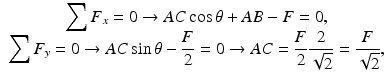 
$$ \begin{array}{c}{\displaystyle \sum {F}_x=0\to AC \cos \theta + AB- F=0},\\ {}{\displaystyle \sum {F}_y=0\to AC \sin \theta -\frac{F}{2}=0\to AC=\frac{F}{2}\frac{2}{\sqrt{2}}=\frac{F}{\sqrt{2}},}\end{array} $$
