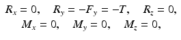 
$$ \begin{array}{c}{R}_x=0,\kern1em {R}_y=-{F}_y=- T,\kern1em {R}_z=0,\\ {}{M}_x=0,\kern1em {M}_y=0,\kern1em {M}_z=0,\end{array} $$
