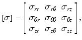 
$$ \left[\sigma \right]=\left[\begin{array}{ccc}\hfill {\sigma}_{rr}\hfill & \hfill {\sigma}_{r\theta}\hfill & \hfill {\sigma}_{rz}\hfill \\ {}\hfill {\sigma}_{\theta r}\hfill & \hfill {\sigma}_{\theta \theta}\hfill & \hfill {\sigma}_{\theta z}\hfill \\ {}\hfill {\sigma}_{zr}\hfill & \hfill {\sigma}_{z\theta}\hfill & \hfill {\sigma}_{zz}\hfill \end{array}\right], $$
