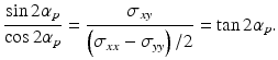 
$$ \frac{ \sin 2{\alpha}_p}{ \cos 2{\alpha}_p}=\frac{\sigma_{xy}}{\left({\sigma}_{xx}-{\sigma}_{yy}\right)/2}= \tan 2{\alpha}_p. $$
