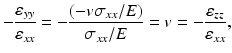 
$$ -\frac{\varepsilon_{yy}}{\varepsilon_{xx}}=-\frac{\left(-v{\sigma}_{xx}/E\right)}{\sigma_{xx}/E}=v=-\frac{\varepsilon_{zz}}{\varepsilon_{xx}}, $$
