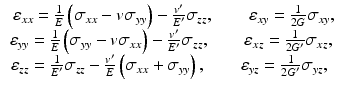 
$$ \begin{array}{c}\hfill \kern.3em {\varepsilon}_{xx}=\frac{1}{E}\left({\sigma}_{xx}-v{\sigma}_{yy}\right)-\frac{v^{\prime }}{E^{\prime }}{\sigma}_{zz},\kern2em {\varepsilon}_{xy}=\frac{1}{2G}{\sigma}_{xy},\hfill \\ {}\hfill {\varepsilon}_{yy}=\frac{1}{E}\left({\sigma}_{yy}-v{\sigma}_{xx}\right)-\frac{v^{\prime }}{E^{\prime }}{\sigma}_{zz},\kern2em {\varepsilon}_{xz}=\frac{1}{2{G}^{\prime }}{\sigma}_{xz},\hfill \\ {}\hfill \kern-.2em {\varepsilon}_{zz}=\frac{1}{E^{\prime }}{\sigma}_{zz}-\frac{v^{\prime }}{E}\left({\sigma}_{xx}+{\sigma}_{yy}\right),\kern2em {\varepsilon}_{yz}=\frac{1}{2{G}^{\prime }}{\sigma}_{yz},\hfill \end{array} $$
