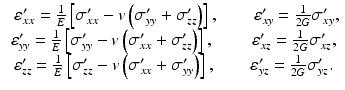 
$$ \begin{array}{c}\hfill \kern.4em {\varepsilon}_{xx}^{\prime }=\frac{1}{E}\left[{\sigma}_{xx}^{\prime }-v\left({\sigma}_{yy}^{\prime }+{\sigma}_{zz}^{\prime}\right)\right],\kern2em {\varepsilon}_{xy}^{\prime }=\frac{1}{2G}{\sigma}_{xy}^{\prime },\hfill \\ {}\hfill {\varepsilon}_{yy}^{\prime }=\frac{1}{E}\left[{\sigma}_{yy}^{\prime }-v\left({\sigma}_{xx}^{\prime }+{\sigma}_{zz}^{\prime}\right)\right],\kern2.2em {\varepsilon}_{xz}^{\prime }=\frac{1}{2G}{\sigma}_{xz}^{\prime },\hfill \\ {}\hfill {\varepsilon}_{zz}^{\prime }=\frac{1}{E}\left[{\sigma}_{zz}^{\prime }-v\left({\sigma}_{xx}^{\prime }+{\sigma}_{yy}^{\prime}\right)\right],\kern2em {\varepsilon}_{yz}^{\prime }=\frac{1}{2G}{\sigma}_{yz}^{\prime }.\hfill \end{array} $$
