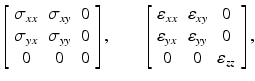 
$$ \left[\begin{array}{ccc}\hfill {\sigma}_{xx}\hfill & \hfill {\sigma}_{xy}\hfill & \hfill 0\hfill \\ {}\hfill {\sigma}_{yx}\hfill & \hfill {\sigma}_{yy}\hfill & \hfill 0\hfill \\ {}\hfill 0\hfill & \hfill 0\hfill & \hfill 0\hfill \end{array}\right],\kern2em \left[\begin{array}{ccc}\hfill {\varepsilon}_{xx}\hfill & \hfill {\varepsilon}_{xy}\hfill & \hfill 0\hfill \\ {}\hfill {\varepsilon}_{yx}\hfill & \hfill {\varepsilon}_{yy}\hfill & \hfill 0\hfill \\ {}\hfill 0\hfill & \hfill 0\hfill & \hfill {\varepsilon}_{zz}\hfill \end{array}\right], $$
