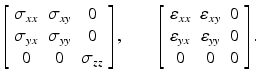 
$$ \left[\begin{array}{ccc}\hfill {\sigma}_{xx}\hfill & \hfill {\sigma}_{xy}\hfill & \hfill 0\hfill \\ {}\hfill {\sigma}_{yx}\hfill & \hfill {\sigma}_{yy}\hfill & \hfill 0\hfill \\ {}\hfill 0\hfill & \hfill 0\hfill & \hfill {\sigma}_{zz}\hfill \end{array}\right],\kern2em \left[\begin{array}{ccc}\hfill {\varepsilon}_{xx}\hfill & \hfill {\varepsilon}_{xy}\hfill & \hfill 0\hfill \\ {}\hfill {\varepsilon}_{yx}\hfill & \hfill {\varepsilon}_{yy}\hfill & \hfill 0\hfill \\ {}\hfill 0\hfill & \hfill 0\hfill & \hfill 0\hfill \end{array}\right]. $$
