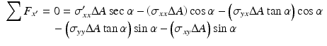 
$$ \begin{array}{l}{\displaystyle \sum {F}_{x^{\prime }}}=0={\sigma}_{xx}^{\prime}\Delta A \sec \alpha -\left({\sigma}_{xx}\Delta A\right) \cos \alpha -\left({\sigma}_{yx}\Delta A \tan \alpha \right) \cos \alpha \\ {}\kern3.8em -\left({\sigma}_{yy}\Delta A \tan \alpha \right) \sin \alpha -\left({\sigma}_{xy}\Delta A\right) \sin \alpha \end{array} $$
