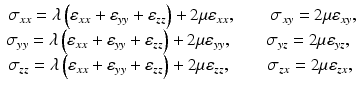 
$$ \begin{array}{l}{\sigma}_{xx}=\lambda \left({\varepsilon}_{xx}+{\varepsilon}_{yy}+{\varepsilon}_{zz}\right)+2\mu {\varepsilon}_{xx},\kern2em {\sigma}_{xy}=2\mu {\varepsilon}_{xy},\\ {}\kern-.1em {\sigma}_{yy}=\lambda \left({\varepsilon}_{xx}+{\varepsilon}_{yy}+{\varepsilon}_{zz}\right)+2\mu {\varepsilon}_{yy},\kern2em {\sigma}_{yz}=2\mu {\varepsilon}_{yz},\\ {}{\sigma}_{zz}=\lambda \left({\varepsilon}_{xx}+{\varepsilon}_{yy}+{\varepsilon}_{zz}\right)+2\mu {\varepsilon}_{zz},\kern2.12em {\sigma}_{zx}=2\mu {\varepsilon}_{zx},\end{array} $$
