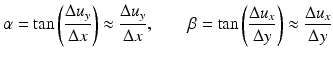 
$$ \alpha = \tan \left(\frac{\Delta {u}_y}{\Delta x}\right)\approx \frac{\Delta {u}_y}{\Delta x},\kern2em \beta = \tan \left(\frac{\Delta {u}_x}{\Delta y}\right)\approx \frac{\Delta {u}_x}{\Delta y} $$
