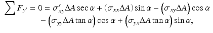 
$$ \begin{array}{l}{\displaystyle \sum {F}_{y^{\prime }}}=0={\sigma}_{xy}^{\prime}\Delta A \sec \alpha +\left({\sigma}_{xx}\Delta A\right) \sin \alpha -\left({\sigma}_{xy}\Delta A\right) \cos \alpha \\ {}\kern4em -\left({\sigma}_{yy}\Delta A \tan \alpha \right) \cos \alpha +\left({\sigma}_{yx}\Delta A \tan \alpha \right) \sin \alpha, \end{array} $$
