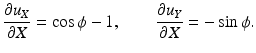 
$$ \frac{\partial {u}_X}{\partial X}= \cos \phi -1,\kern2em \frac{\partial {u}_Y}{\partial X}=- \sin \phi . $$
