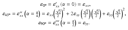 
$$ \begin{array}{l}\hfill \kern.4em {\varepsilon}_{0{}^{\circ}}={\varepsilon}_{xx}^{\prime}\left(\alpha =0\right)={\varepsilon}_{xx},\hfill \\ {}\hfill {\varepsilon}_{45{}^{\circ}}={\varepsilon}_{xx}^{{\prime\prime}}\left(\alpha =\frac{\pi }{4}\right)={\varepsilon}_{xx}{\left(\frac{\sqrt{2}}{2}\right)}^2+2{\varepsilon}_{xy}\left(\frac{\sqrt{2}}{2}\right)\left(\frac{\sqrt{2}}{2}\right)+{\varepsilon}_{yy}{\left(\frac{\sqrt{2}}{2}\right)}^2,\hfill \\ {}\hfill {\varepsilon}_{90{}^{\circ}}={\varepsilon}_{xx}^{{\prime\prime\prime}}\left(\alpha =\frac{\pi }{2}\right)={\varepsilon}_{yy}.\hfill \end{array} $$
