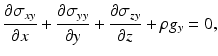 $$ \frac{\partial {\sigma}_{xy}}{\partial x}+\frac{\partial {\sigma}_{yy}}{\partial y}+\frac{\partial {\sigma}_{zy}}{\partial z}+\rho {g}_y=0, $$