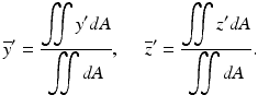 $$ {\overline{y}}^{\prime }=\frac{{\displaystyle \iint {y}^{\prime }dA}}{{\displaystyle \iint dA}},\kern1.32em {\overline{z}}^{\prime }=\frac{{\displaystyle \iint {z}^{\prime }dA}}{{\displaystyle \iint dA}}. $$