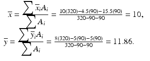 $$ \begin{array}{c}\overline{x}=\frac{{\displaystyle \sum {\overline{x}}_i{A}_i}}{{\displaystyle \sum {A}_i}}=\frac{10(320)-4.5(90)-15.5(90)}{320-90-90}=10,\\ {}\overline{y}=\frac{{\displaystyle \sum {\overline{y}}_i{A}_i}}{{\displaystyle \sum {A}_i}}=\frac{8(320)-5(90)-5(90)}{320-90-90}=11.86.\kern1.55em \end{array} $$