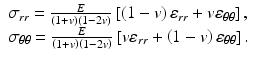 $$ \begin{array}{l}{\sigma}_{rr}=\frac{E}{\left(1+v\right)\left(1-2v\right)}\left[\left(1-v\right){\varepsilon}_{rr}+v{\varepsilon}_{\theta \theta}\right],\\ {}{\sigma}_{\theta \theta }=\frac{E}{\left(1+v\right)\left(1-2v\right)}\left[v{\varepsilon}_{rr}+\left(1-v\right){\varepsilon}_{\theta \theta}\right].\end{array} $$