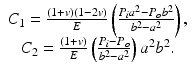 $$ \begin{array}{c}{C}_1=\frac{\left(1+v\right)\left(1-2v\right)}{E}\left(\frac{P_i{a}^2-{P}_o{b}^2}{b^2-{a}^2}\right),\\ {}{C}_2=\frac{\left(1+v\right)}{E}\left(\frac{P_i-{P}_o}{b^2-{a}^2}\right){a}^2{b}^2.\end{array} $$