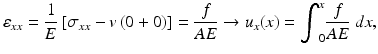 $$ {\varepsilon}_{xx}=\frac{1}{E}\left[{\sigma}_{xx}-v\left(0+0\right)\right]=\frac{f}{AE}\to {u}_x(x)={\displaystyle {\int}_0^x\frac{f}{AE}\ dx}, $$