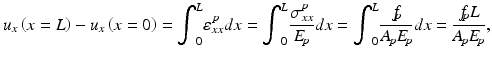 $$ {u}_x\left(x=L\right)-{u}_x\left(x=0\right)={\displaystyle {\int}_0^L{\varepsilon}_{xx}^pdx}={\displaystyle {\int}_0^L\frac{\sigma_{xx}^p}{E_{\kern-0.15em p}}dx}={\displaystyle {\int}_0^L\frac{f_{\kern-0.25em p}}{A_{\kern-0.15em p}{E}_{\kern-0.15em p}}dx=\frac{f_{\kern-0.25em p}L}{A_{\kern-0.15em p}{E}_{\kern-0.15em p}}}, $$