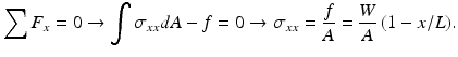 $$ {\displaystyle \sum {F}_x=0\to {\displaystyle \int {\sigma}_{xx}dA-f=0\to {\sigma}_{xx}}=\frac{f}{A}=\frac{W}{A}\left(1-x/L\right)}. $$