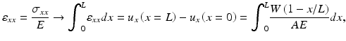 $$ {\varepsilon}_{xx}=\frac{\sigma_{xx}}{E}\to {\displaystyle {\int}_0^L{\varepsilon}_{xx}dx}={u}_x\left(x=L\right)-{u}_x\left(x=0\right)={\displaystyle {\int}_0^L\frac{W\left(1-x/L\right)}{AE}}dx, $$