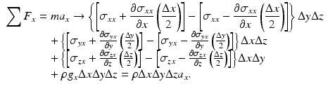 $$ \begin{array}{l}{\displaystyle \sum {F}_x=m{a}_x\to \left\{\left[{\sigma}_{xx}+\frac{\partial {\sigma}_{xx}}{\partial x}\left(\frac{\Delta x}{2}\right)\right]-\left[{\sigma}_{xx}-\frac{\partial {\sigma}_{xx}}{\partial x}\left(\frac{\Delta x}{2}\right)\right]\right\}\Delta y\Delta z}\\ {}\kern3.54em +\left\{\left[{\sigma}_{yx}+\frac{\partial {\sigma}_{yx}}{\partial y}\left(\frac{\Delta y}{2}\right)\right]-\left[{\sigma}_{yx}-\frac{\partial {\sigma}_{yx}}{\partial y}\left(\frac{\Delta y}{2}\right)\right]\right\}\Delta x\Delta z\\ {}\kern3.54em +\left\{\left[{\sigma}_{zx}+\frac{\partial {\sigma}_{zx}}{\partial z}\left(\frac{\Delta z}{2}\right)\right]-\left[{\sigma}_{zx}-\frac{\partial {\sigma}_{zx}}{\partial z}\left(\frac{\Delta z}{2}\right)\right]\right\}\Delta x\Delta y\\ {}\kern3.54em +\rho {g}_x\Delta x\Delta y\Delta z=\rho \Delta x\Delta y\Delta z{a}_x.\end{array} $$