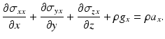 $$ \frac{\partial {\sigma}_{xx}}{\partial x}+\frac{\partial {\sigma}_{yx}}{\partial y}+\frac{\partial {\sigma}_{zx}}{\partial z}+\rho {g}_x=\rho {a}_x. $$