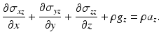 $$ \frac{\partial {\sigma}_{xz}}{\partial x}+\frac{\partial {\sigma}_{yz}}{\partial y}+\frac{\partial {\sigma}_{zz}}{\partial z}+\rho {g}_z=\rho {a}_z. $$