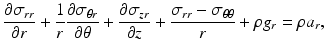 $$ \frac{\partial {\sigma}_{rr}}{\partial r}+\frac{1}{r}\frac{\partial {\sigma}_{\theta r}}{\partial \theta }+\frac{\partial {\sigma}_{zr}}{\partial z}+\frac{\sigma_{rr}-{\sigma}_{\theta \theta }}{r}+\rho {g}_r=\rho {a}_r, $$