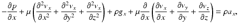 $$ -\frac{\partial p}{\partial x}+\mu \left(\frac{\partial^2{v}_x}{\partial {x}^2}+\frac{\partial^2{v}_x}{\partial {y}^2}+\frac{\partial^2{v}_x}{\partial {z}^2}\right)+\rho {g}_x+\mu \frac{\partial }{\partial x}\left(\frac{\partial {v}_x}{\partial x}+\frac{\partial {v}_y}{\partial y}+\frac{\partial {v}_z}{\partial z}\right)=\rho {a}_x, $$