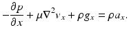 $$ -\frac{\partial p}{\partial x}+\mu {\nabla}^2{v}_x+\rho {g}_x=\rho {a}_x. $$