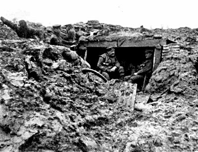 OUR DUG-OUTS IN THE FRONT LINE AT PICANTIN IN WHICH WE LIVED, FOUGHT, AND MANY DIED DURING 1914-15, BEFORE THE DAYS OF TIN HATS