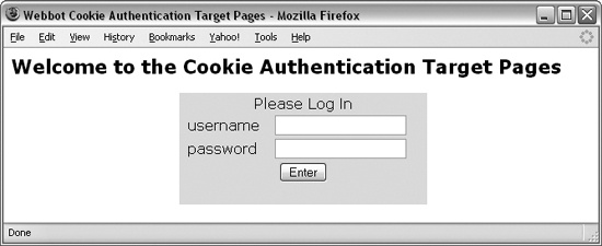 The login page for the cookie authentication example