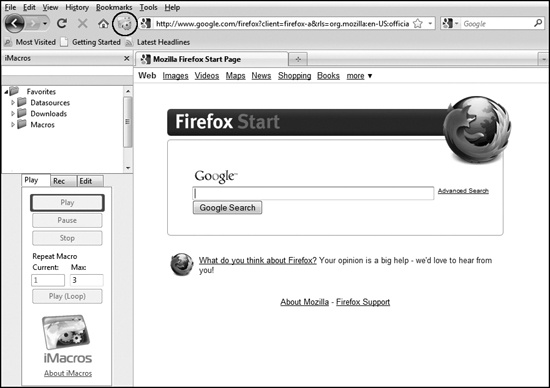 The iMacros plug-in installed in Firefox