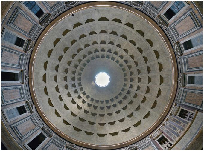 Figure 4.7. The Pantheon vault viewed from the center of the building. Di Architas–Opera propria, CC BY-SA 4.0, https://commons.wikimedia.org/w/index.php?curid=70188093