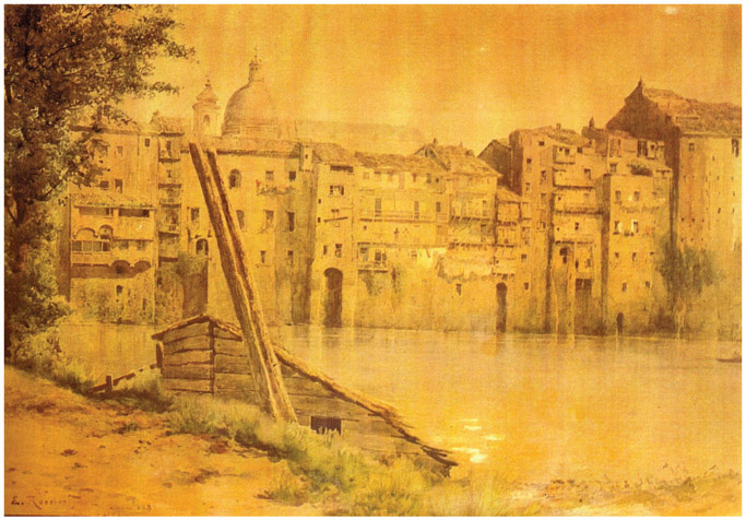 Figure 4.8. An image of Via della Fiumara, in Rione Sant’Angelo in Rome, during the flood of the river Tiber. Painting by E. Roesler Franz. By Ettore Roesler Franz, Public Domain, https://commons.wikimedia.org/w/index.php?curid=131618