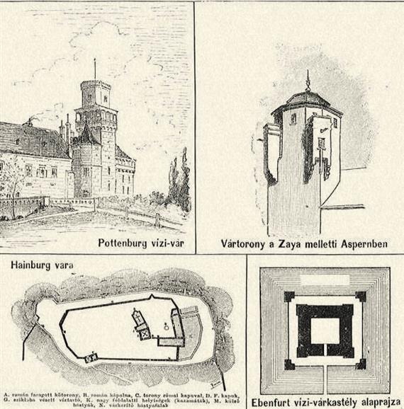 Pottenbrunn vízi-vár, torony a Zaya melletti Aspernben, Hainburg végvár és Ebenfurth vízi-várkastély alaprajzai. Rosner Károlytól