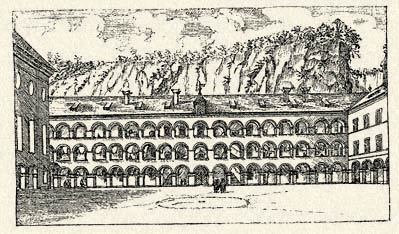 A Benedictina-egyetem udvara. Egy 1660 tájáról való rézmetszet másolata.