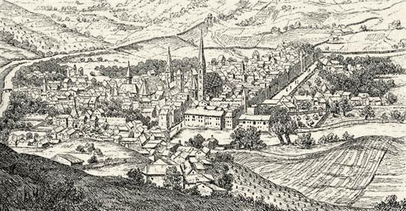 Brixen 1574 táján. Braun György és Hohenberg Ferencz „Contrafactur und Beschreibung von den vornembsten Stetten der Welt” (1574) czímű munkájokban lévő rézmetszet után, König Frigyestől.