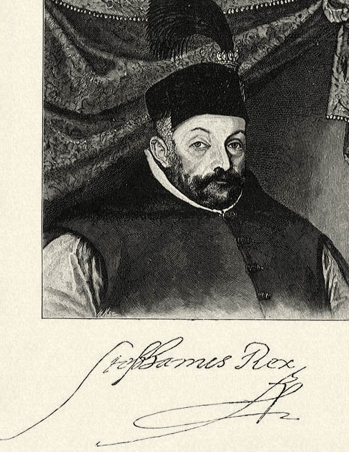 Báthory István arczképe, néhai Szalay Ágoston gyűjteményében fönnmaradt egykorú olajfestmény után. és névaláirása. Az 1585 július 26-án Nepolomic várában (Lengyelországban) kelt leveléből. Eredetije az Országos Levéltárban.