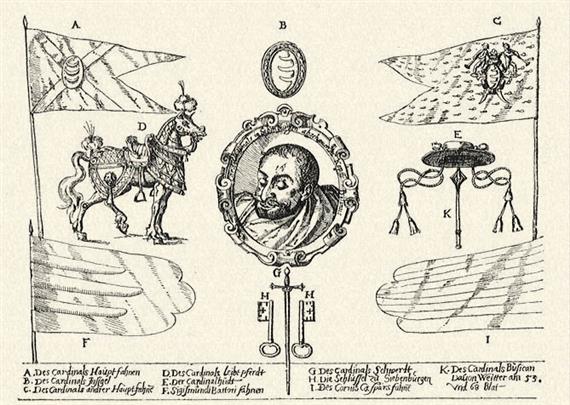 Báthory Endre. A. A bibornok nagy zászlója. B. A bibornok pecsétje. C. A bibornok másik nagy zászlója. D. A bibornok paripája. E. Bibornoki kalap. F. Báthory Zsigmond zászlója. G. A bibornok kardja. H. Erdély kulcsai. I.Kornis Gáspár zászlója. K. A bibornok buzogánya. Egykorú rézkarc után, melynek keretbe foglalt középső része a meggyilkolt bíbornok fejét ábrázolja; a két oldalt levő rajzok a bibornoknak utolsó csatájában használt csatalovát, kalapját és lobogóit tűntetik föl. Eredetije az Országos Képtár metszetgyűjteményében.