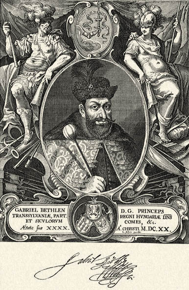 Bethlen Gábor Kilian Lukács egykorú rézmetszete után, mely Ő Felsége családi könyvtárában őriztetik. Névaláirás Nagy-Károlyban 1619 február 28-án Dóczy Andráshoz irt leveléről. Eredetije az Országos Levéltárban.