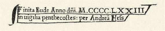 Az első magyarországi nyomda 1473. évi nyomtatványának („Chronicon Budense”) záradéka.