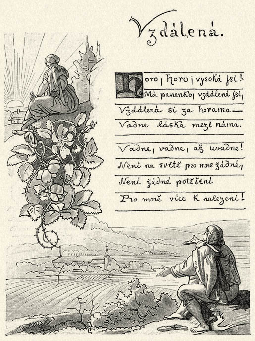 Manes József rajza a „Távollévő” (Vzdálená) czímű népdalhoz. A prágai hazafias műbarátok társúlatának birtokában levő eredeti után.