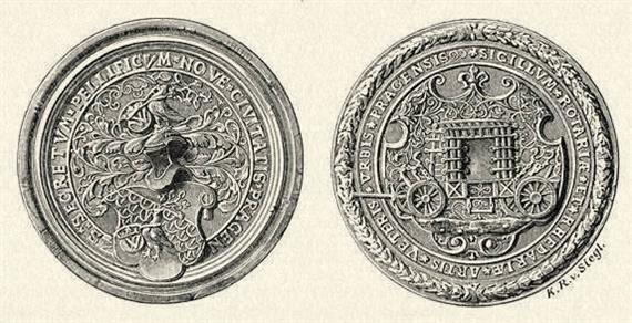 A szűcsök (1536. évi) és a kocsigyártók (1561. évi) pecsétje. Siegl Károlytól