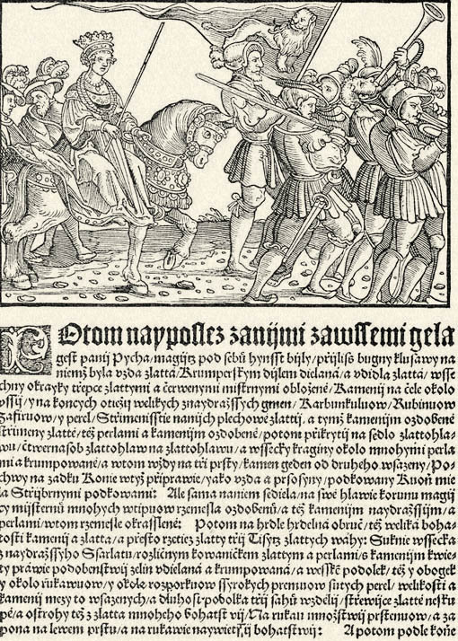 Fametszetű kép és szöveg a „Hádání prawdy a Lži” czímű könyvből (1539). A cs. kir. bécsi udvari könyvtárban levő eredeti után.