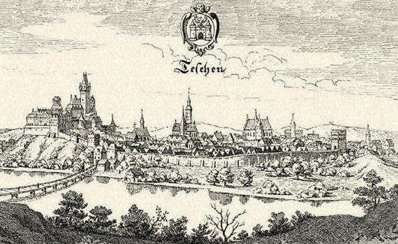 Teschen a XVII. században. A „Merian Topographie” (Frankfurt 1650) után, König Frigyestől.