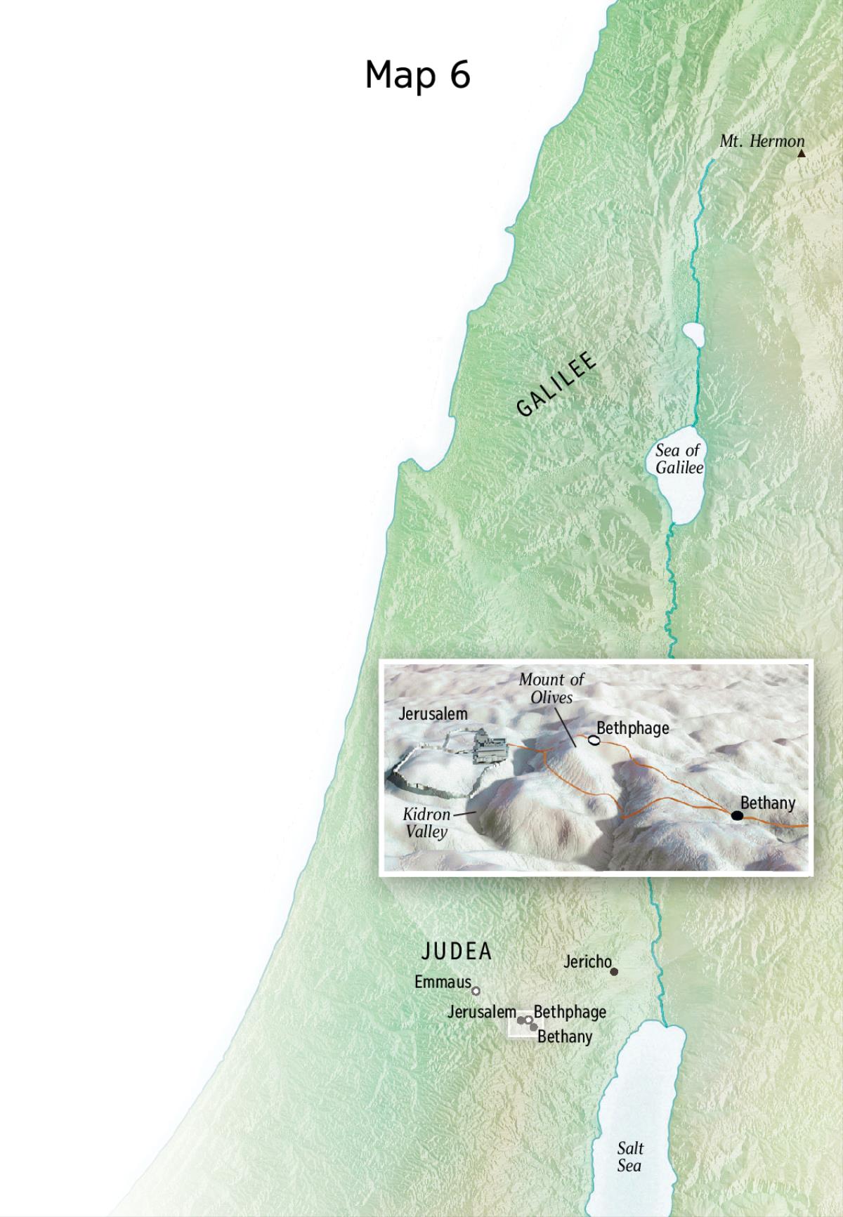 Map of locations related to Jesus’ final ministry including Jerusalem, Bethany, Bethphage, and the Mount of Olives